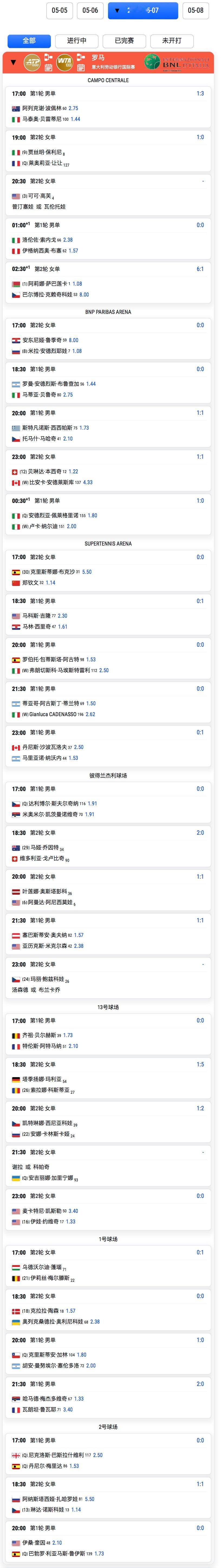 罗马1000赛 5月7日赛程⏰super tennis球场，北京时间17点，郑钦