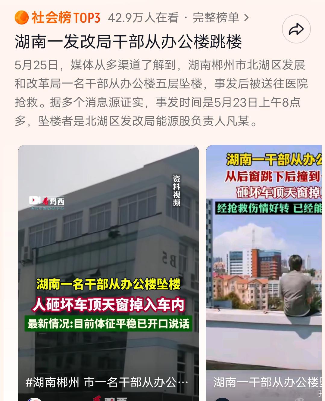 社会榜top3：湖南一发改局干部从办公室跳楼事发时间是5月23日上午8点，目前已