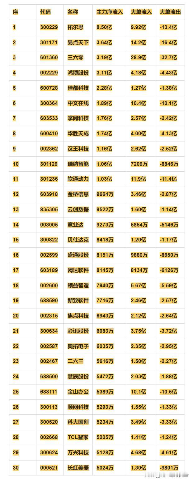 人工智能概念，11月22日主力净流入30强详情

序 代码 名称 主力净流入 大