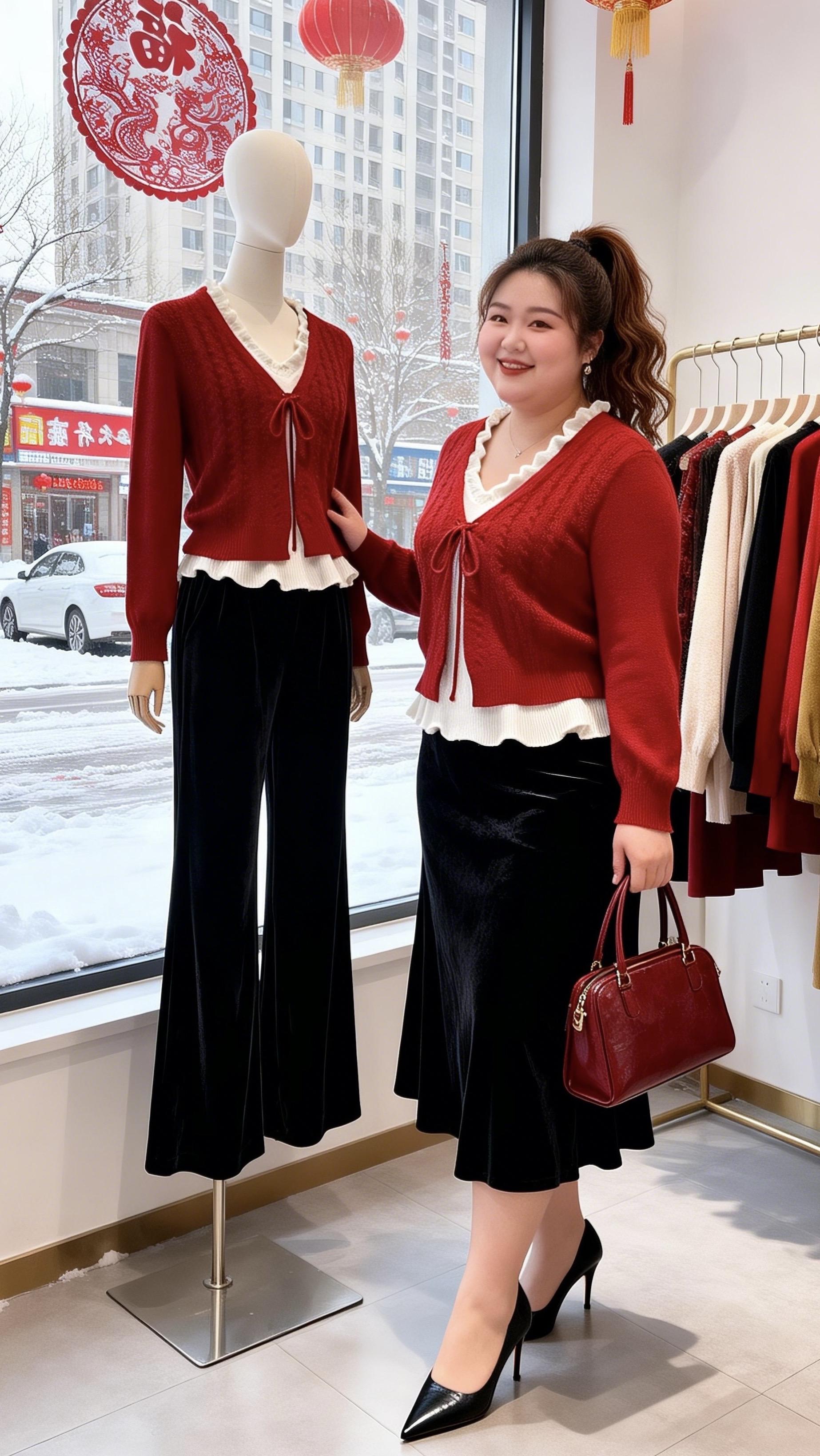 大码穿搭 红色针织衫 新年好运红我先穿上了胖妹妹的冬季有效穿搭 内搭外穿都好看