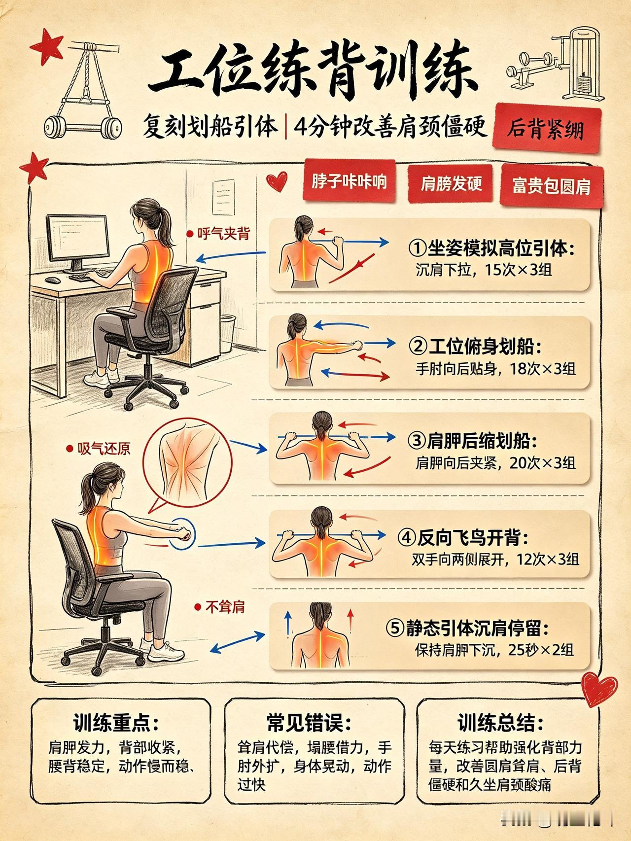 久坐肩颈废❗️4分钟工位练背｜复刻划船引体，根治后背僵硬酸痛

谁上班一整天都含