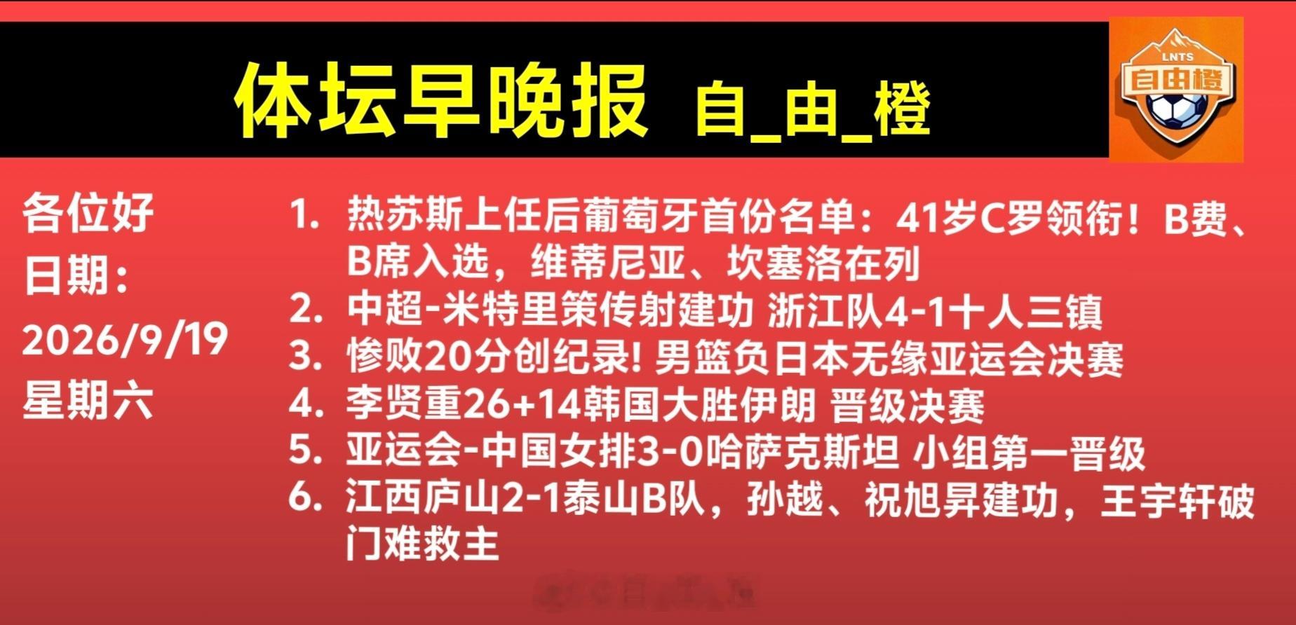 山东泰山[超话]自由橙[超话]体坛早晚报每日橙语 ​​​