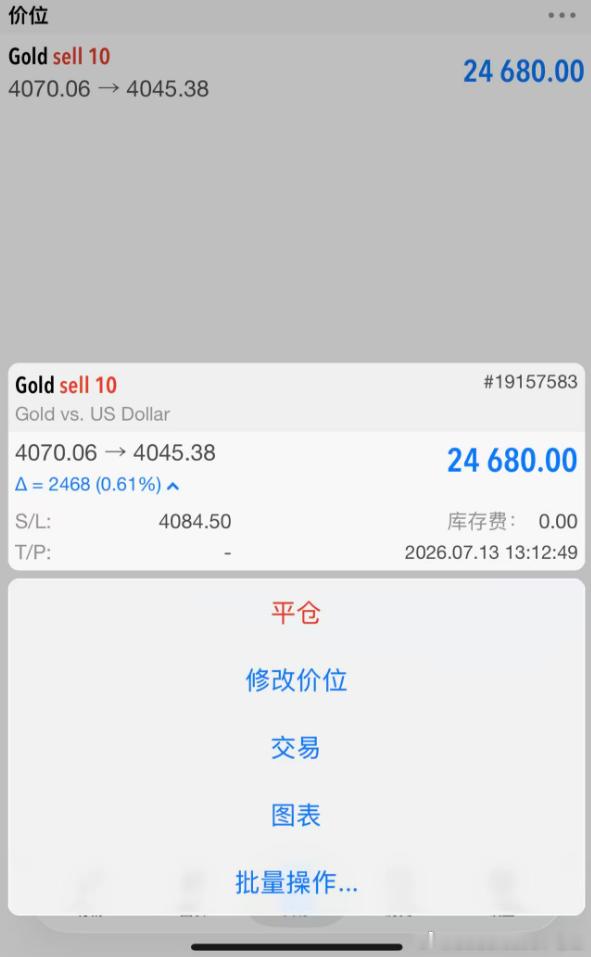 【实盘已经再次进场空】黄金4071位置，现报4044位置已有260个点，继续持有