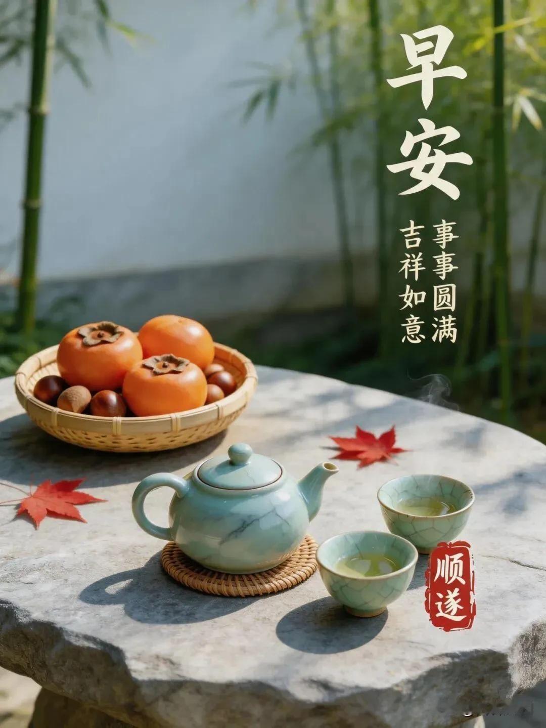 竹风伴茶，红柿呈祥，愿事事圆满，吉祥如意。早安！