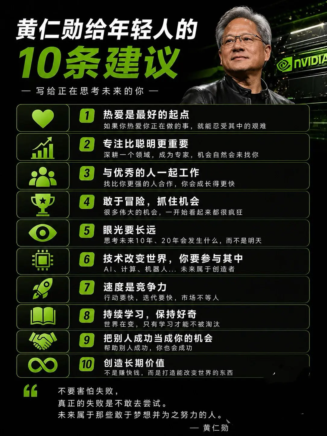 黄仁勋给年轻人的10条建议。1、热爱是最好的起点 如果你热爱你正在做的...