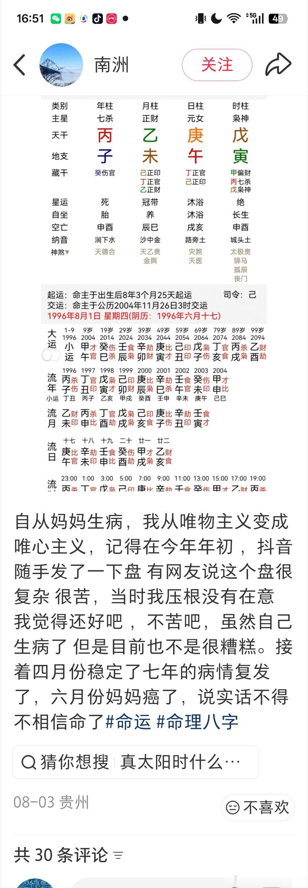之前微博有个二次元小女孩看我占卜觉得很奇怪，很多人顺风顺水的时候是不会相信命理这