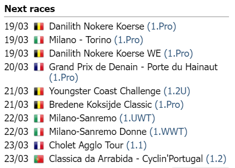 本周赛事：3月16-20日：环台赛；周三：诺克雷绕圈赛，米兰-都灵；周四：德南大
