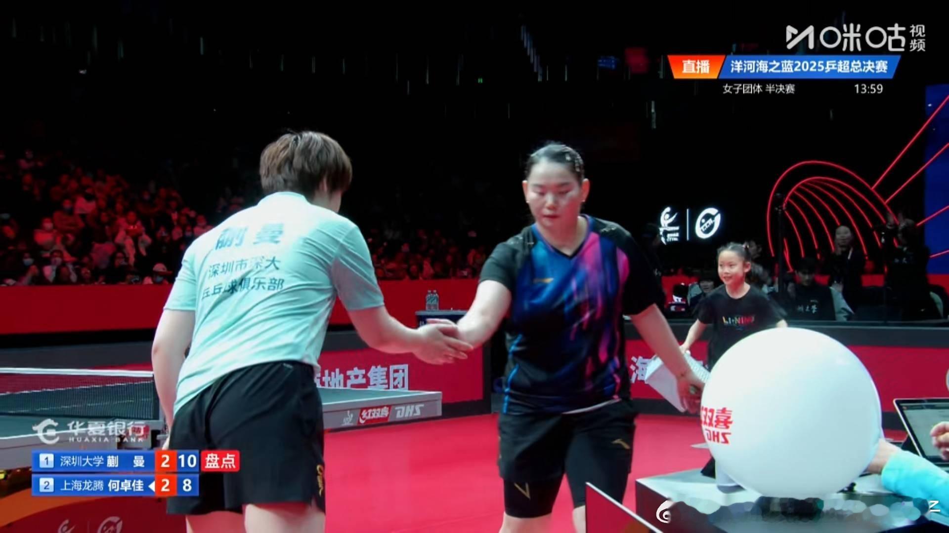蒯曼3比2何卓佳（9，8，-9，-8，8）决胜盘：平野美宇VS刘炜珊深圳大学二比