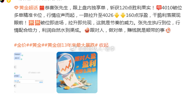 黄金 4010多单已顺利来到4030斩获200点疑我者看信我者赚金价黄金黄金创1