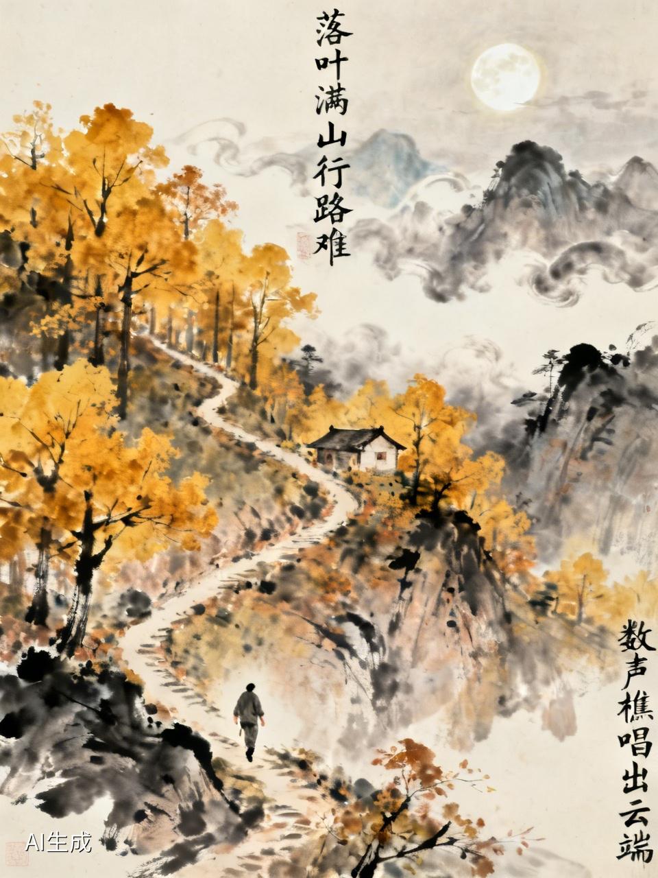 落叶满山行路难，
数声樵唱出云端。
西风吹老梧桐树，
东月冷照霜冻山。