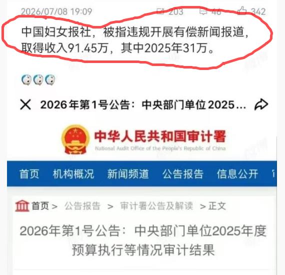 这样的大媒也搞有偿新闻。
中国妇女报社，在中央部门单位2025年审计结果发现，违