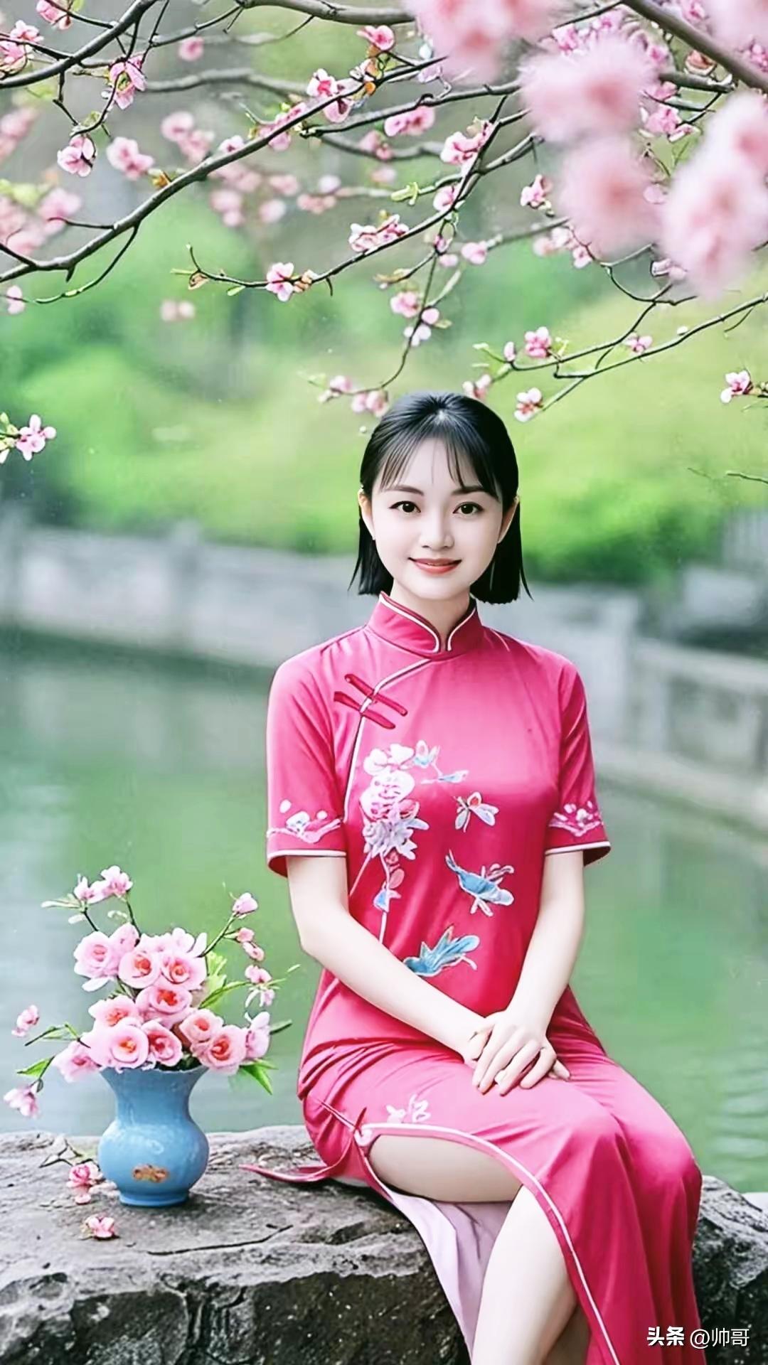 粉嫩少女，花间静坐，古典之美。