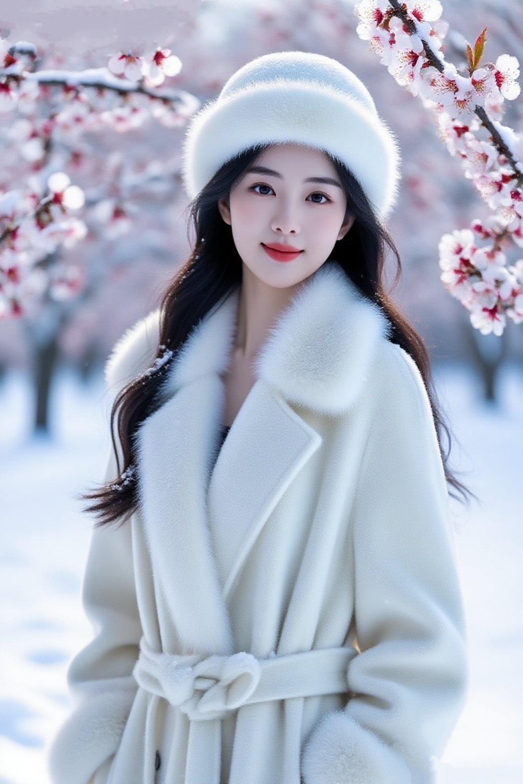 《雪梅凝妆》
 
雪覆寒枝绽粉妆，琼衣玉帽立晴光。
唇间一点朱砂色，疑是梅魂落鬓