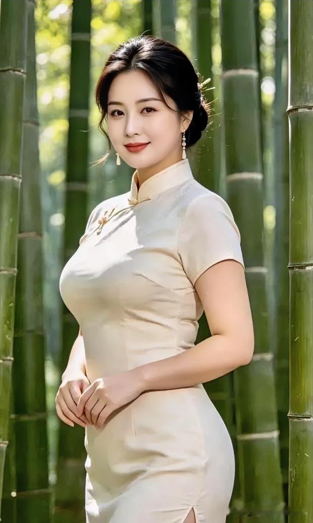 翠竹摇曳光影斑驳，米色旗袍勾勒曼妙曲线。盘发温婉，立于幽静间，尽显东方女性的雅致