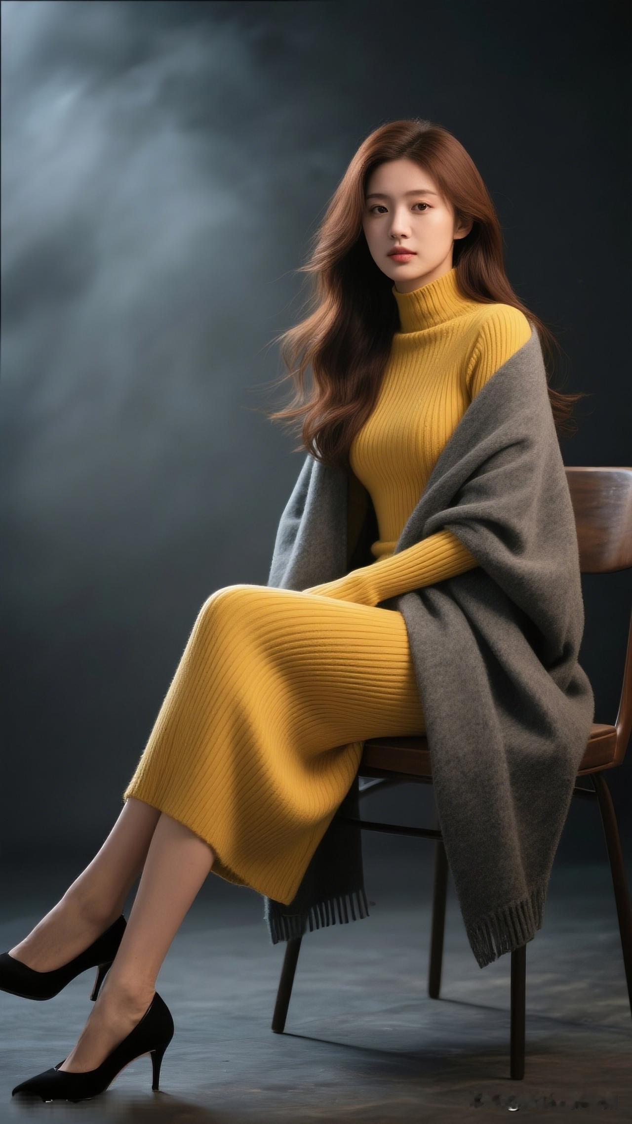 红袖添香夜，美人倚椅坐。氛围感出片穿搭 优雅气质穿搭，暖黄色毛衣搭配灰色披肩，尽