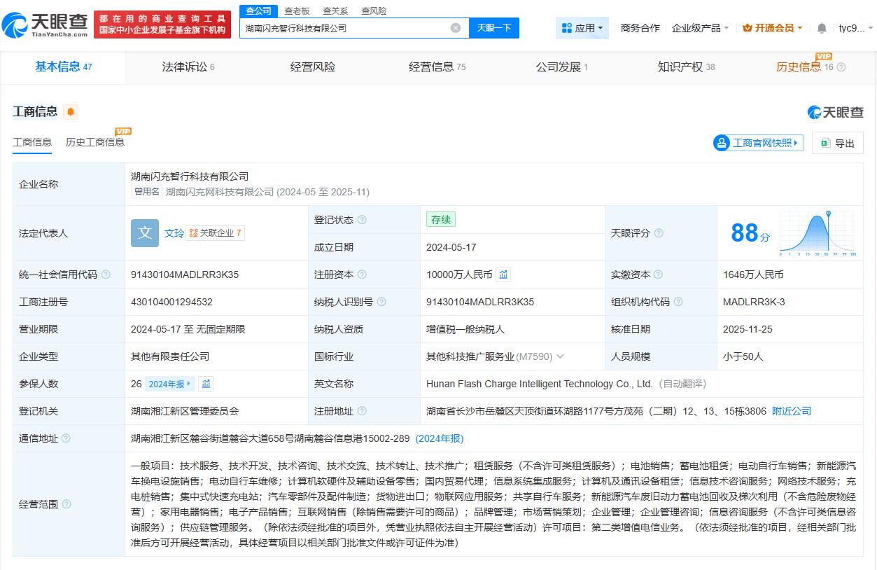 天眼查数据：问题电动自行车闪充智行去年增资5000万

闪充智行多枚商标申请已被