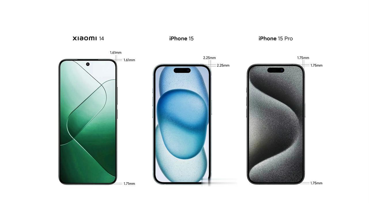 小米 14，上左右三边边框1.61mm，下巴1.71mm ；

iPhone 1