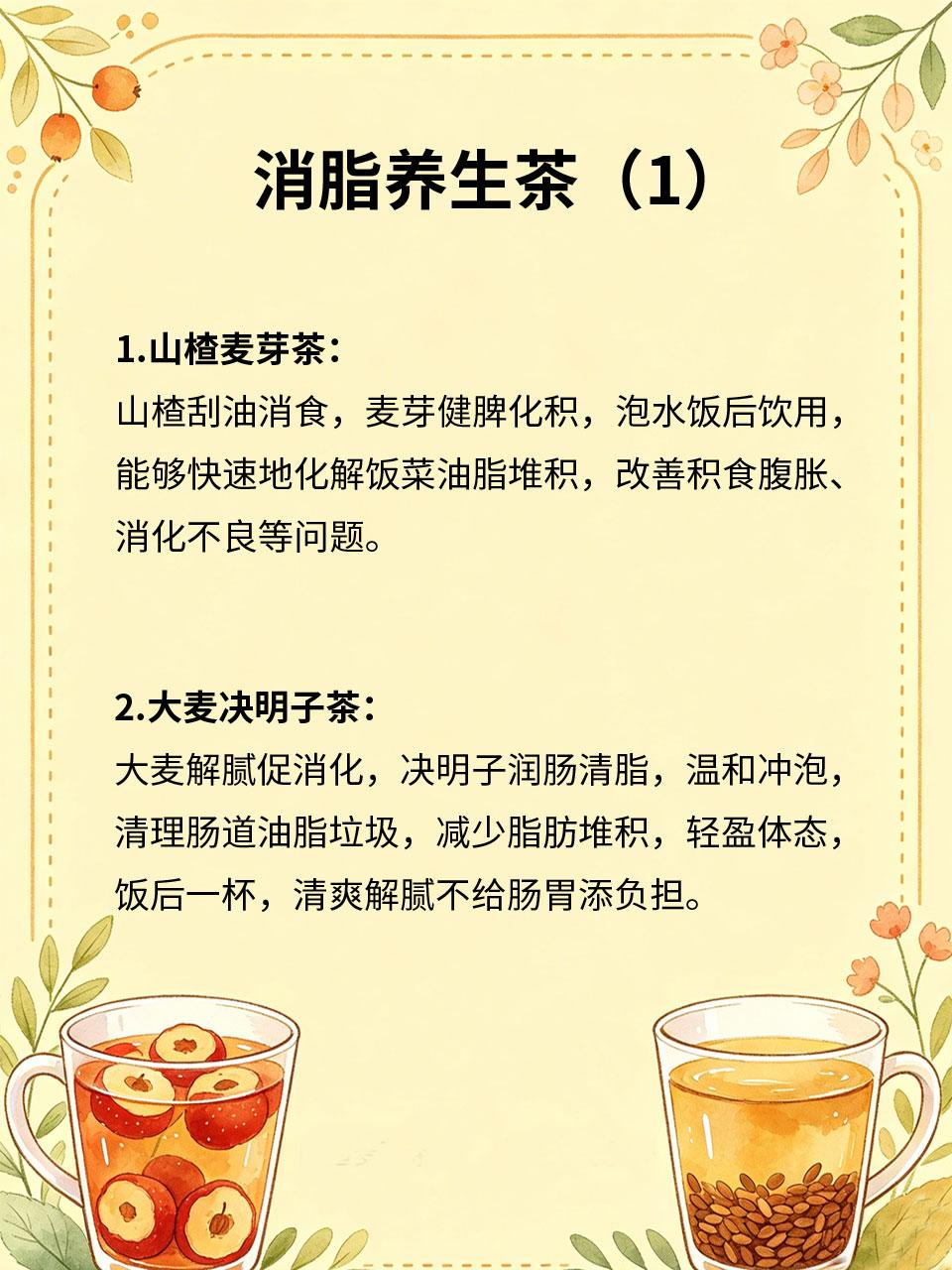 消脂养生茶，饭后一杯减轻负担
日常三餐重油重盐，容易油脂堆积、积食腹胀、小腹发胖