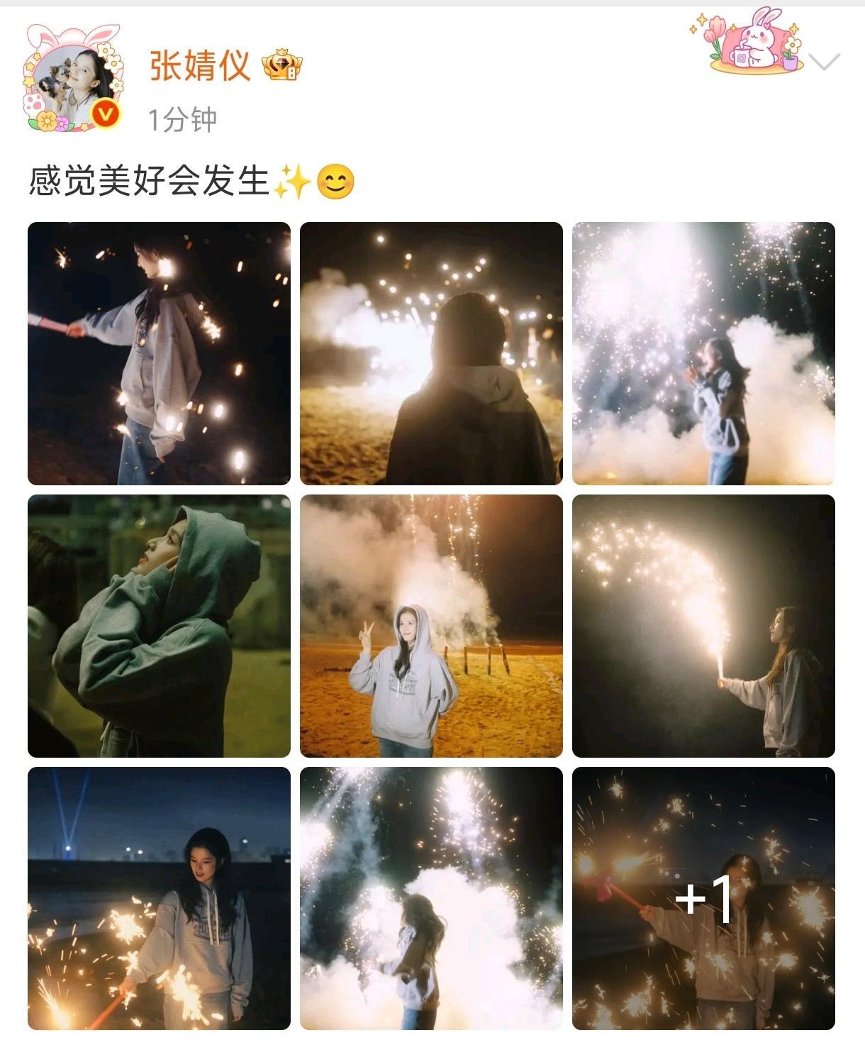 张婧仪感觉美好会发生张婧仪晒了烟花照，配文“感觉美好会发生”，太有生命力了，烟花