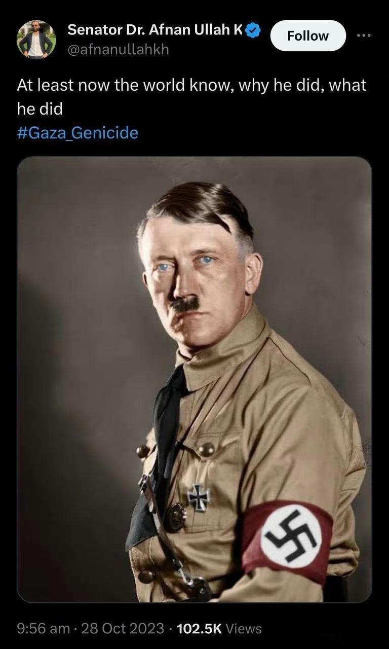 巴基斯坦参议员阿夫南·汗博士发推特配下图：“至少现在世界知道他为什么这么做” 。