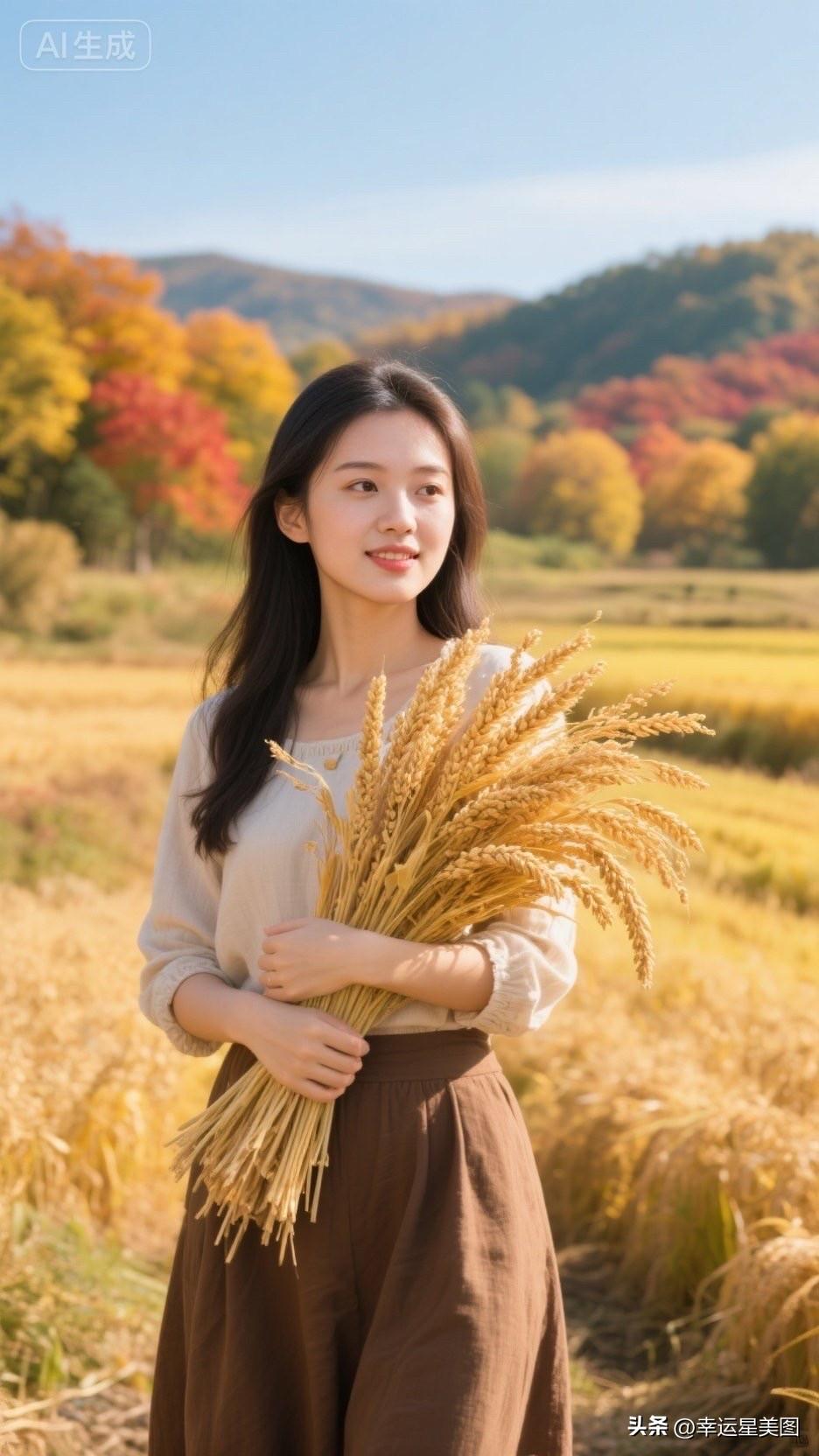 一个女孩在田野里拿着麦穗。