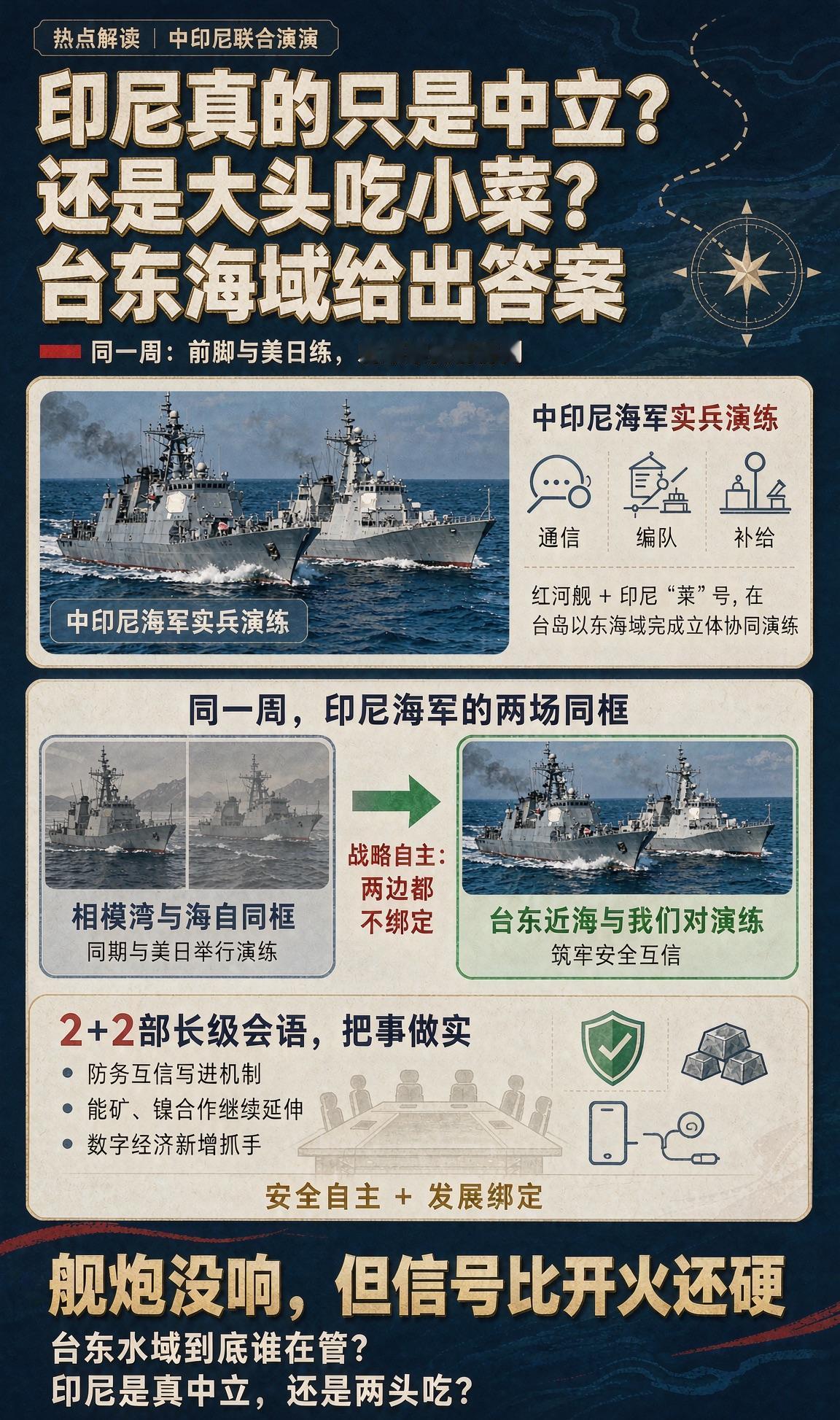 昨晚刷到一篇分析，越看越上头。
中印尼前两天刚在台岛以东搞了场海上联演，红河舰加
