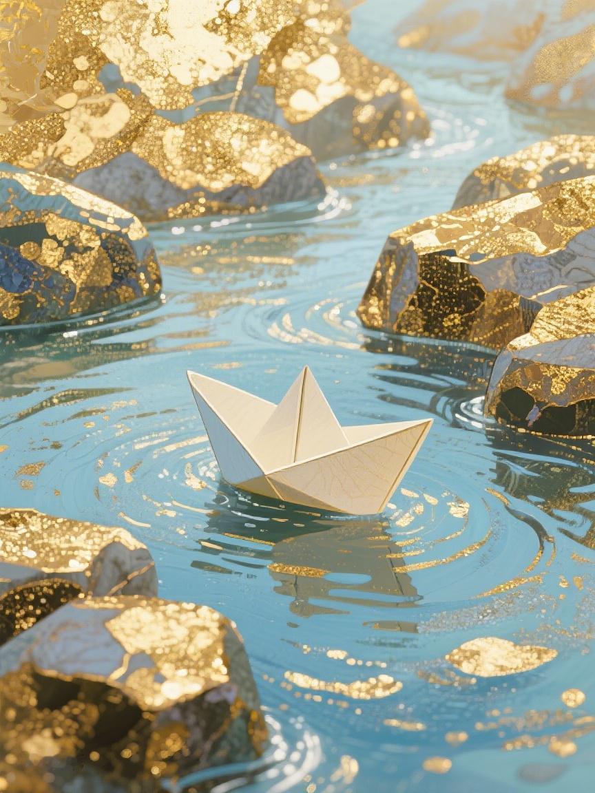 AI妙生图纸船在镶金的水面荡漾，在平凡中找寻微光，每一次漂泊，都是向着希望启航✨