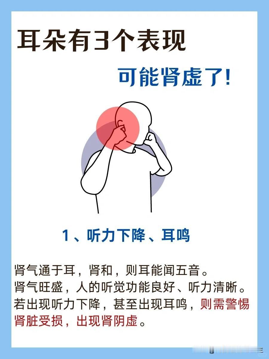 【耳朵有这3个表现，可能是肾虚了！】


1、听力下降，耳鸣


2、耳垂，耳轮