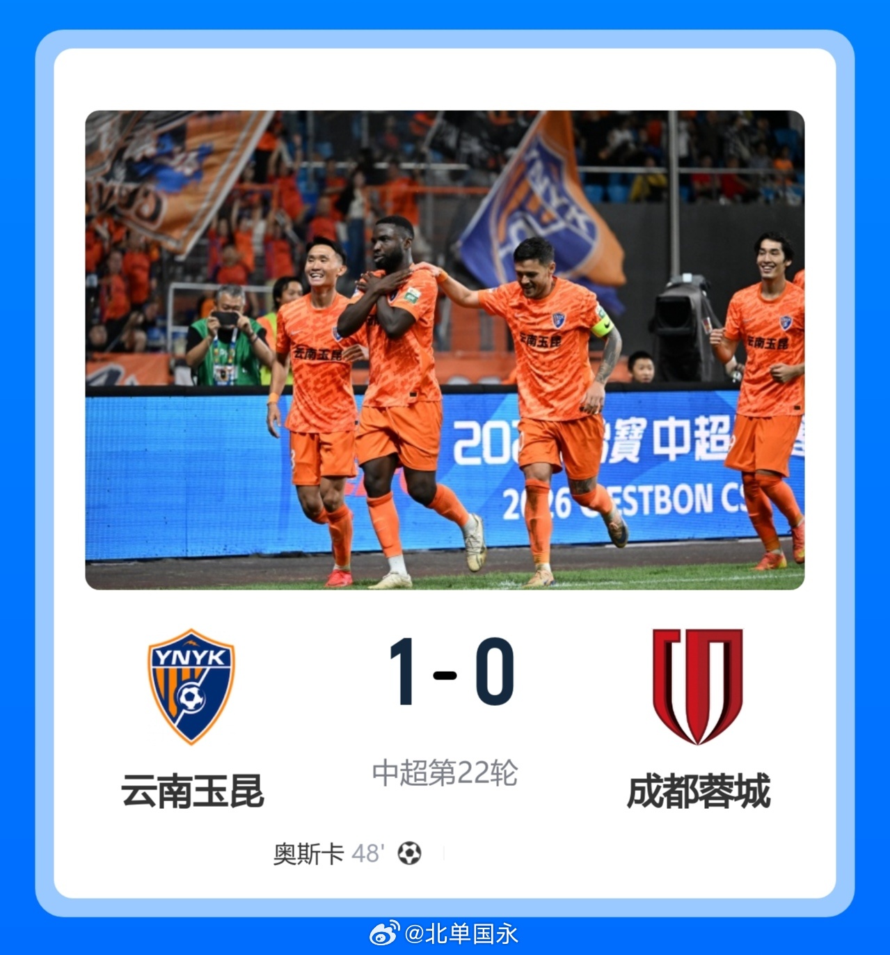 北京单场 6轮不胜！蓉城0-1客负玉昆 奥斯卡制胜玉昆暂第三 蓉城全场1射正北京