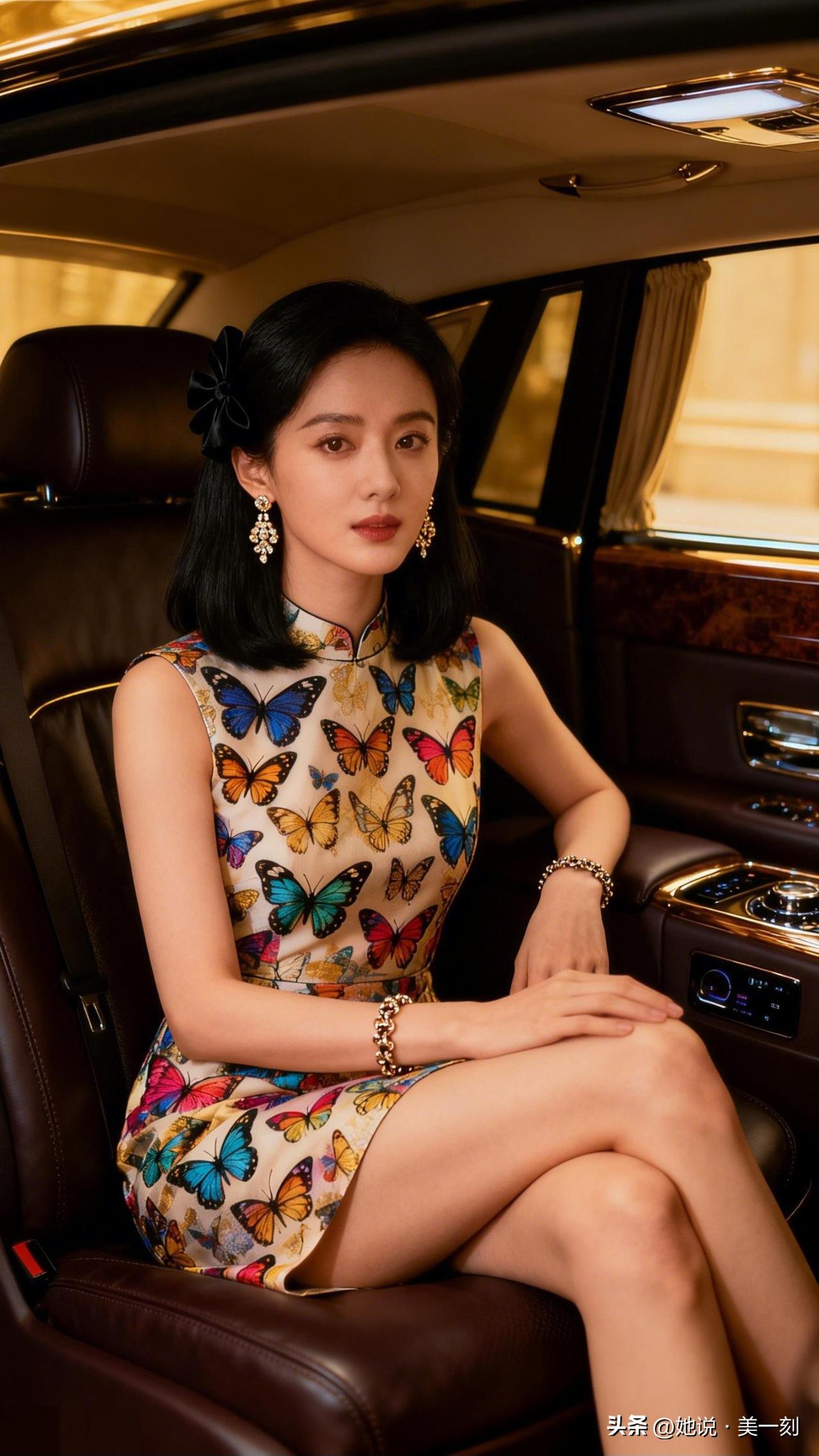 优雅车中穿搭，蝴蝶印花旗袍，尽显东方韵味。优雅自信穿搭分享