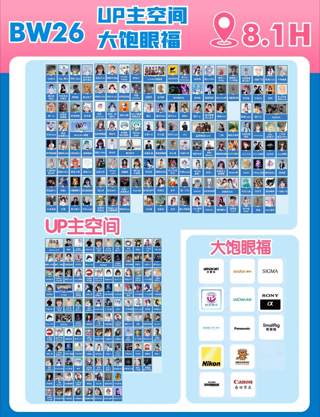 2026上海BW UP主空间嘉宾这次人数又创下了新高，而且还有索尼，尼康，神牛等