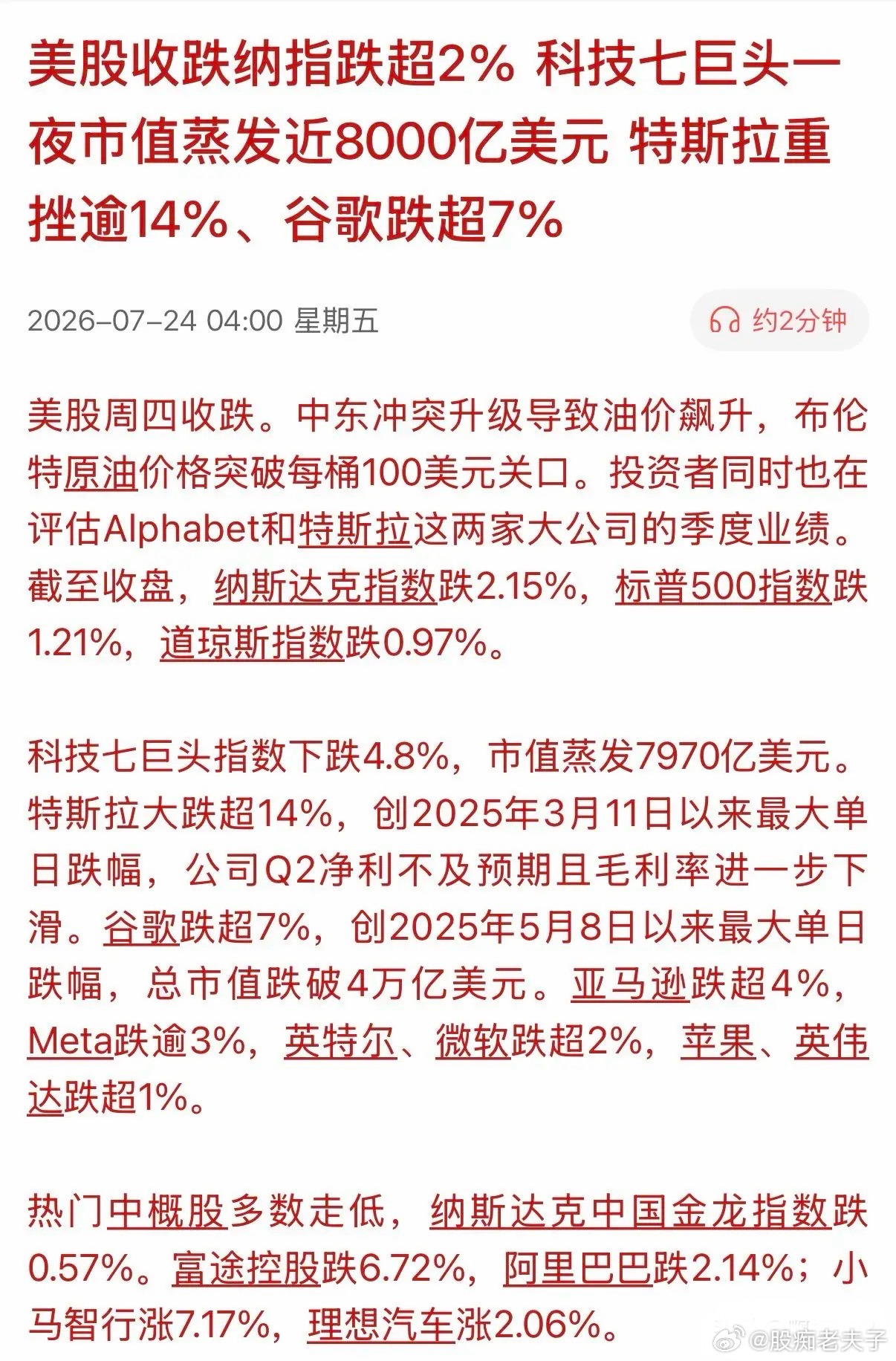 美股不破的神话，逐渐跌落神坛——科技七巨头一夜跌去8000亿美元，特斯拉暴跌14
