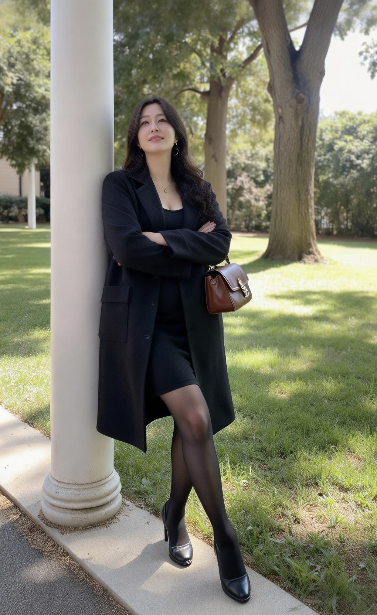 怎样穿搭让自己更优雅优雅职场风，黑色连衣裙搭配长外套，自信微笑，手拿棕色包包，享