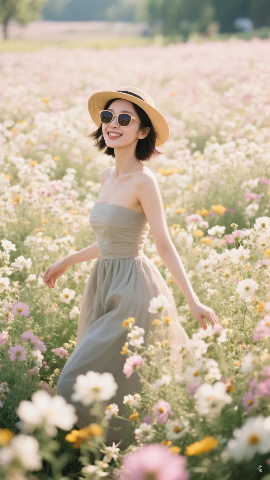 阳光下的花海，甜美少女在微笑
