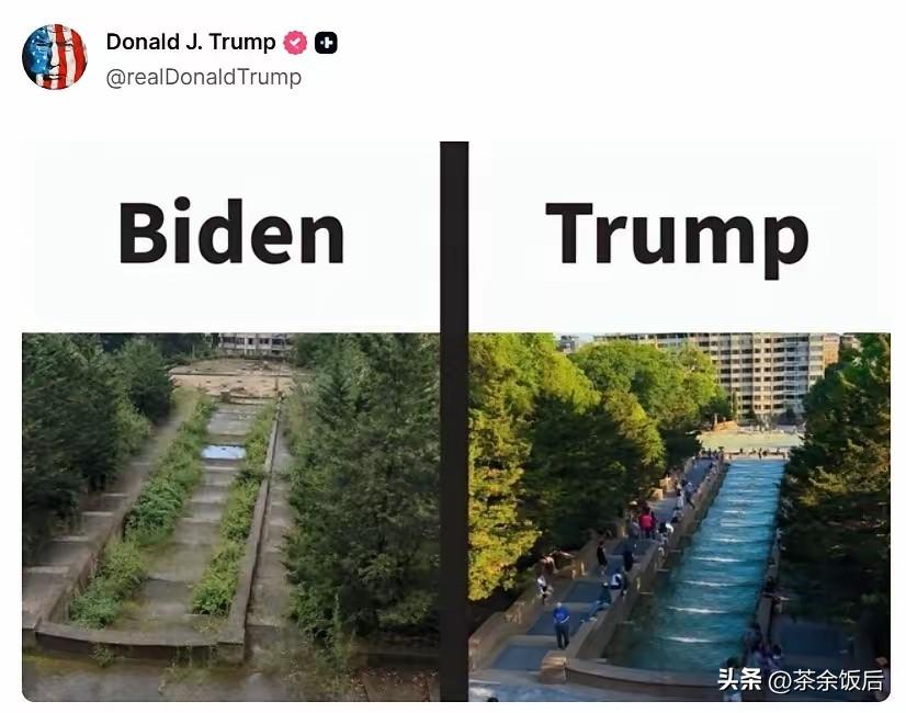 特朗普发文，用一张图，显示两种生活：
拜登时期，杂草丛生，锈迹斑斑，死气沉沉。
