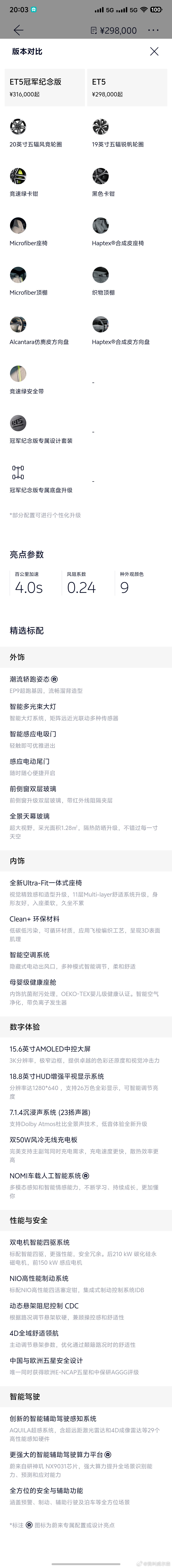 蔚来冠军纪念版上市ET5 和 ET5T 冠军版和正常版的区别蔚来[超话] ​​​
