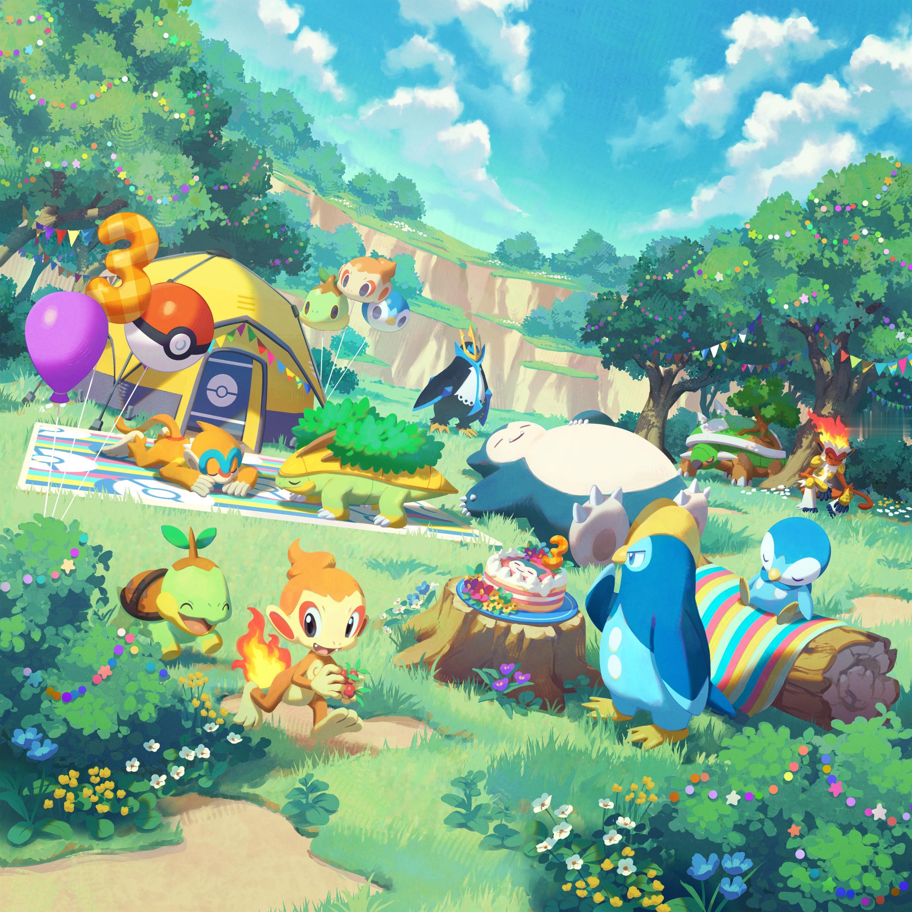 Pokémon Sleep 3周年纪念视觉绘描绘了午后温暖的萌绿之岛上，宝可梦们