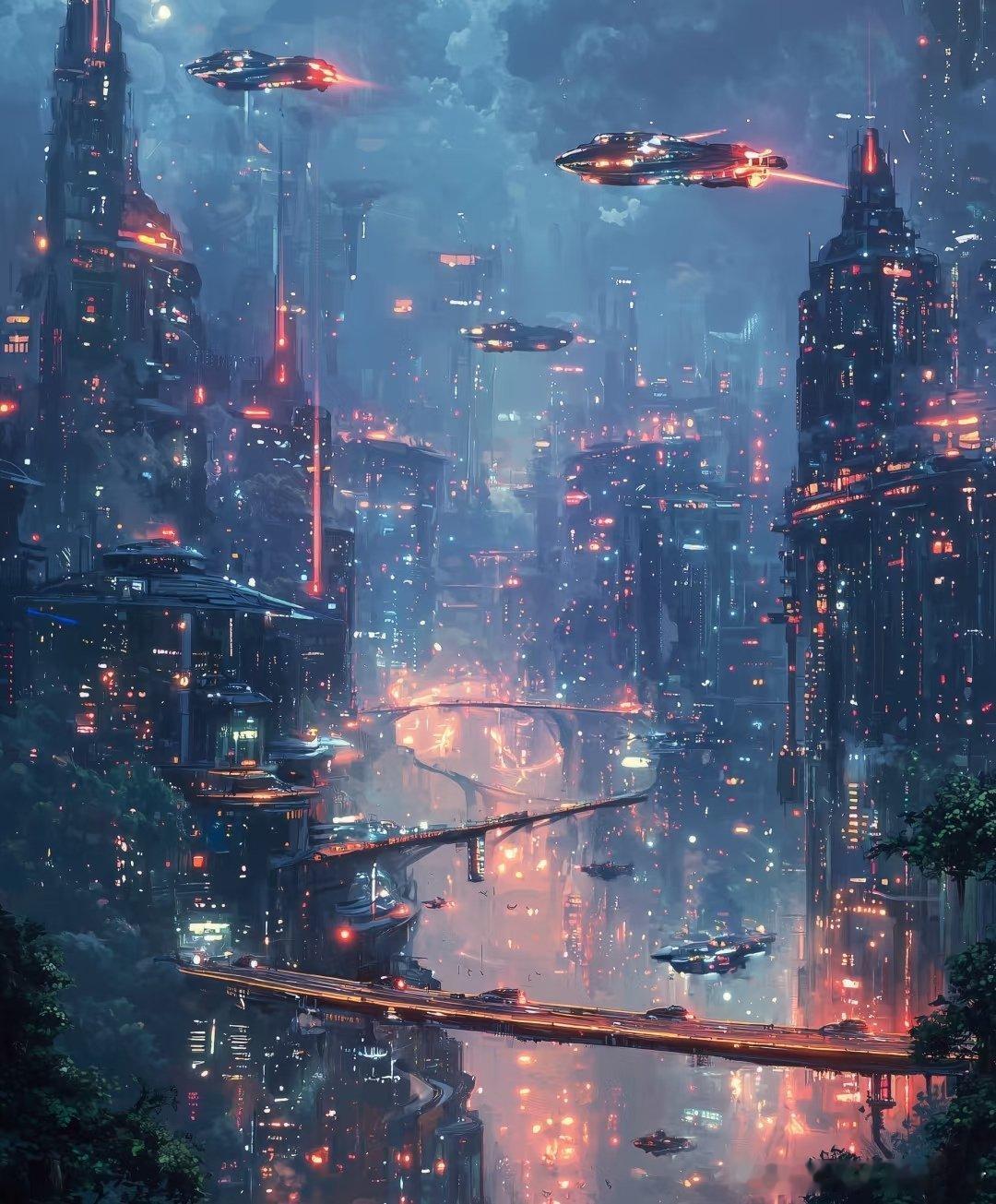 🌃 未来之境，科技与幻梦共舞 🛸  在这座霓虹流淌的未来都市，每一束全息极光