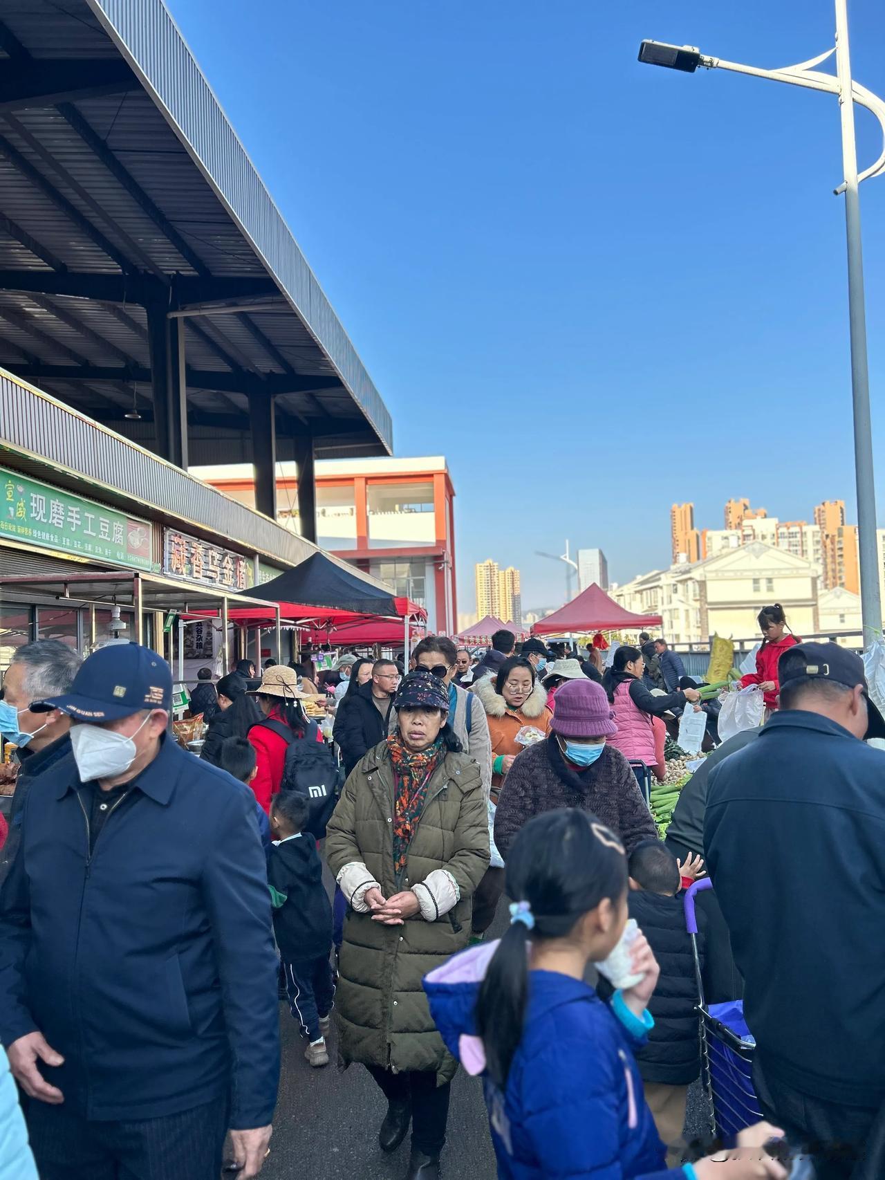 昆明安宁新城的农贸市场可谓特别的火爆，人挤人、货挨货，可谓人山人海，被人推着走，