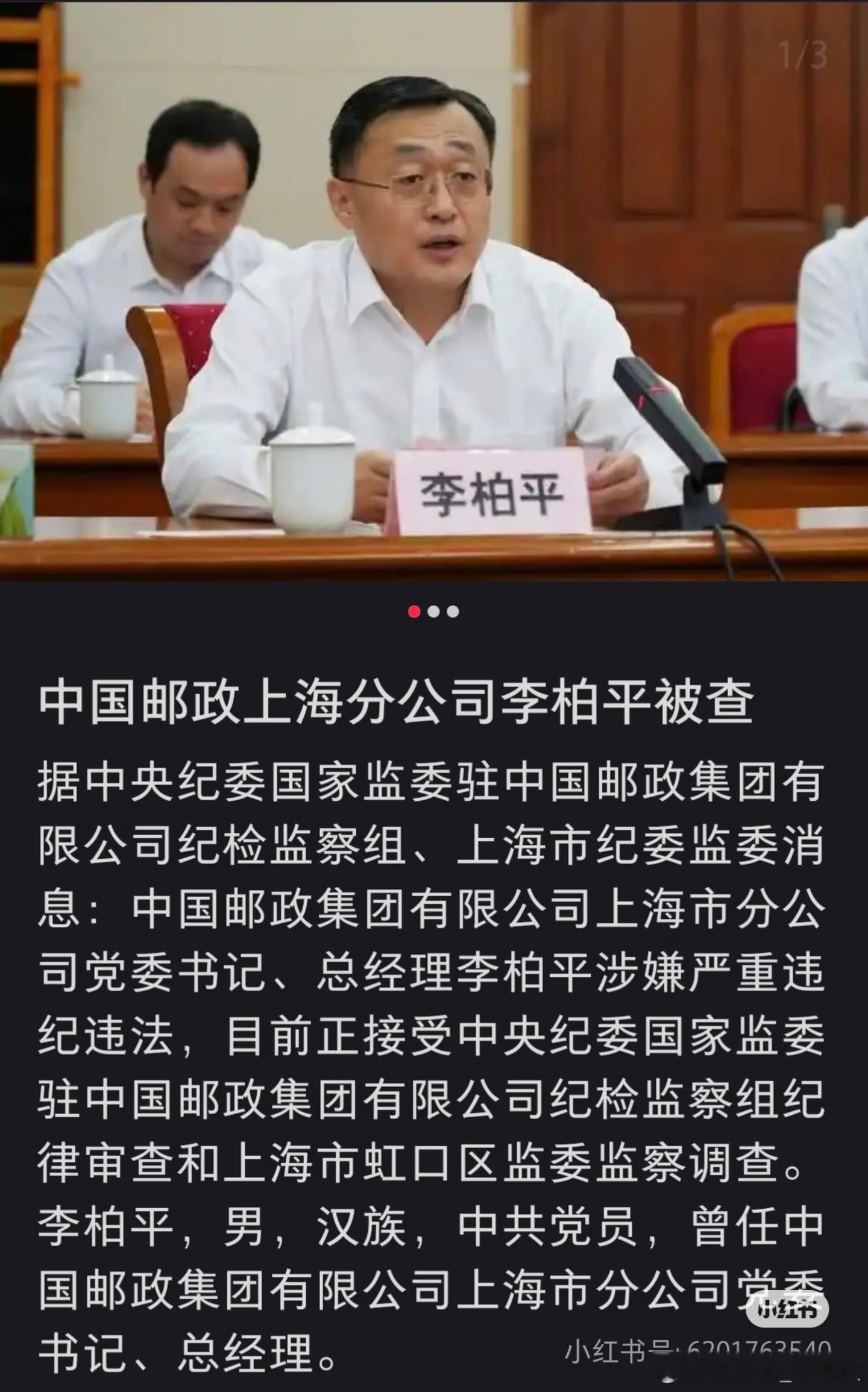 中国邮政上海市分公司党委书记、总经理李柏平被查 