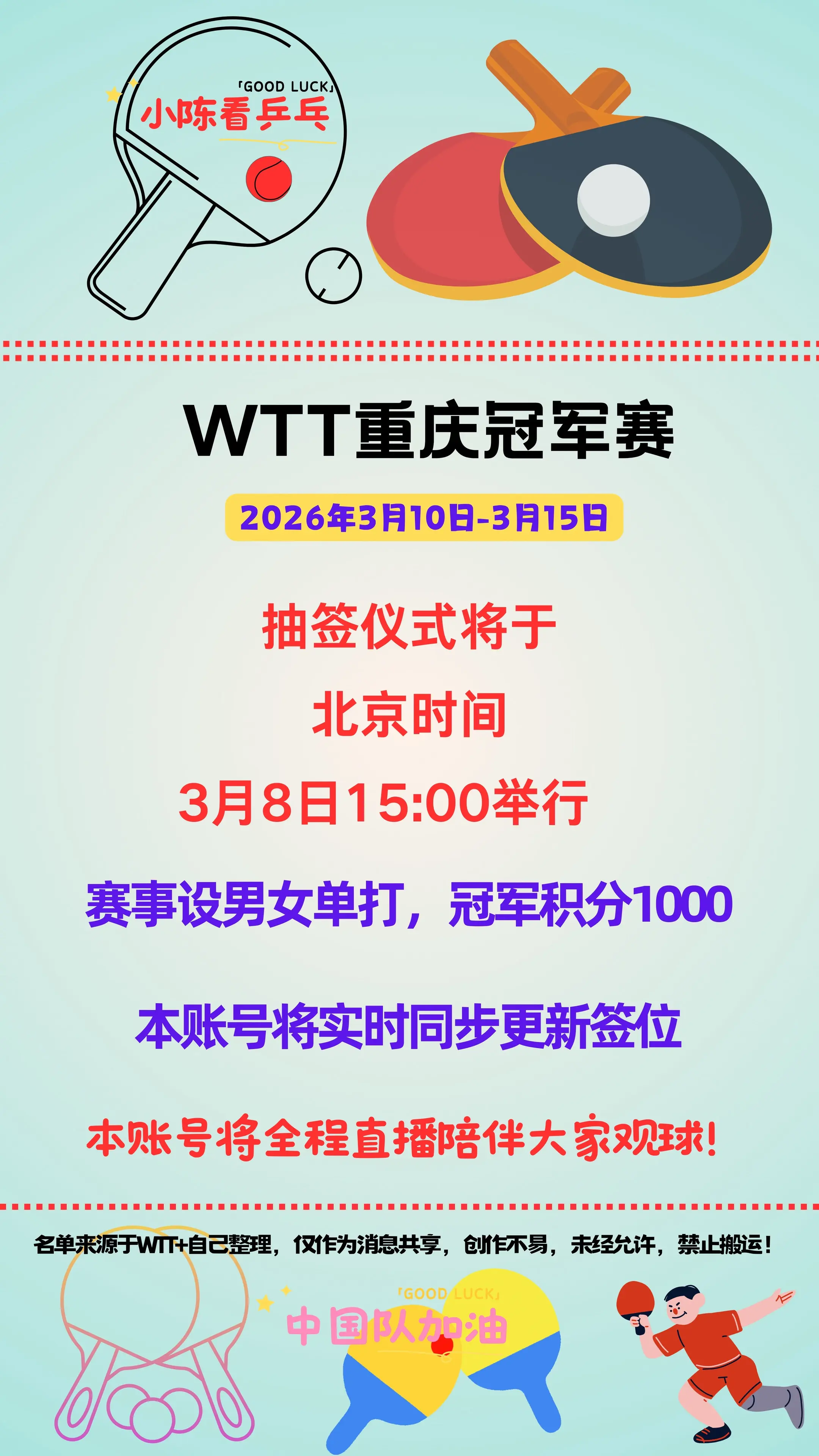 WTT重庆冠军赛抽签仪式3月8日15点。WTT重庆冠军赛抽签仪式将于北...