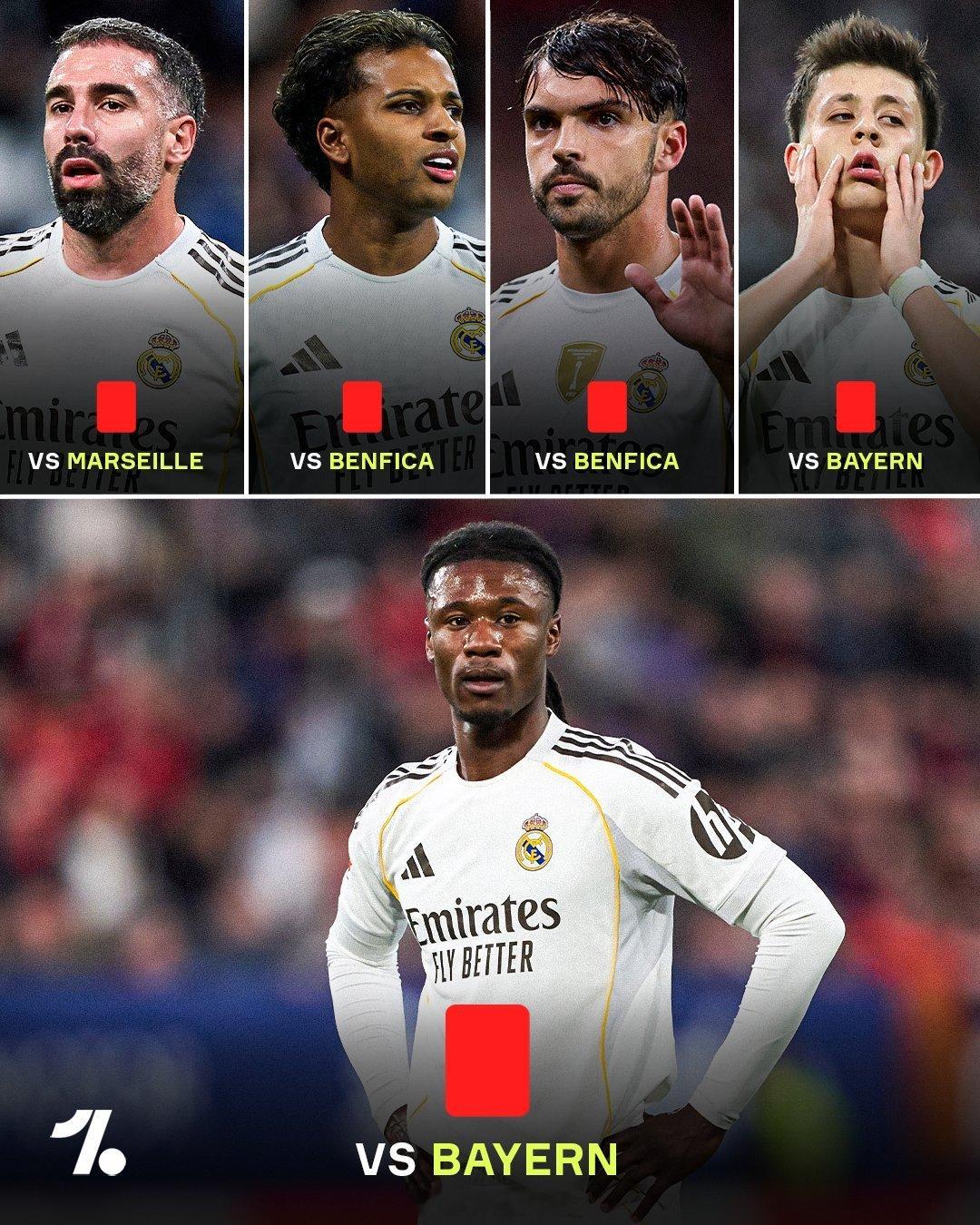 拜仁4比3皇马 皇家马德里目前是本赛季欧冠联赛中收到红牌最多的球队😬皇马球员赛