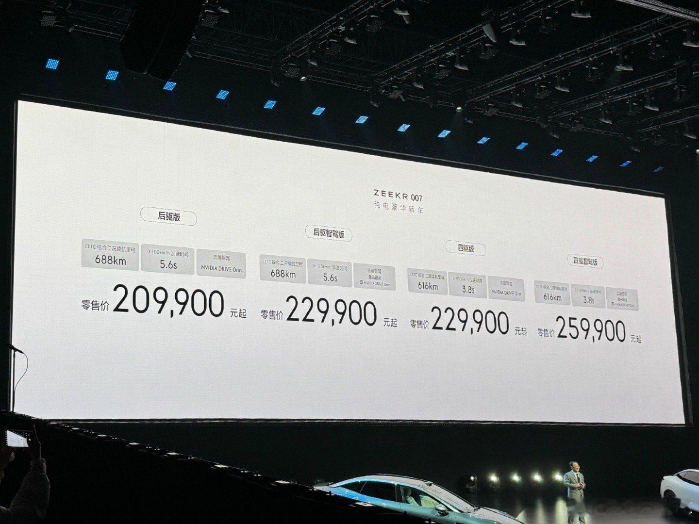 极氪007公布价格了20.99万-29.99万，22.99万就可以买到3.8s破