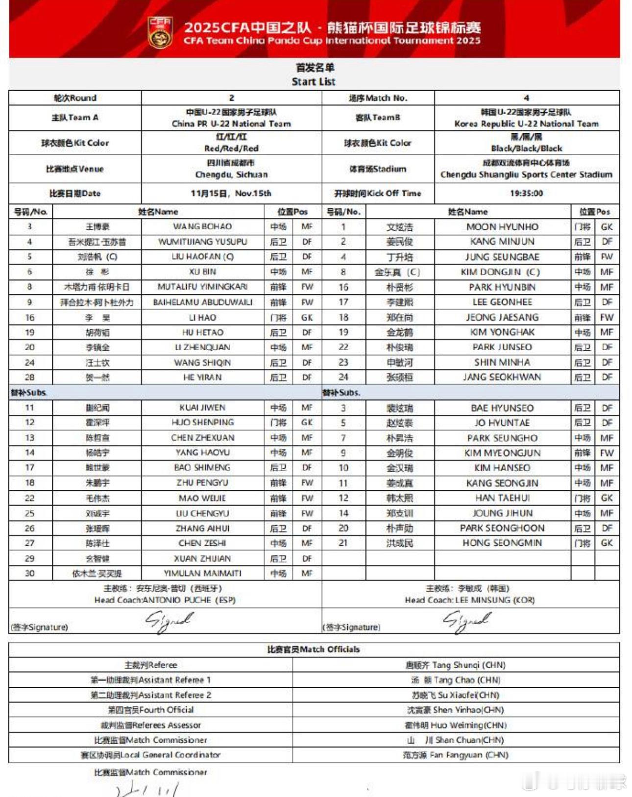 11月15日讯 北京时间今日，熊猫杯第二轮，国足U22对阵韩国U22，赛前双方公