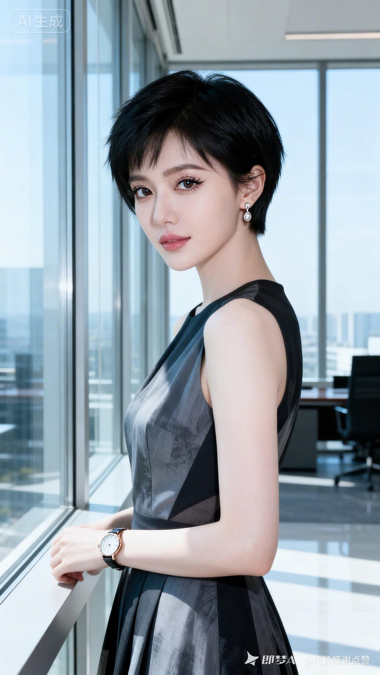 现代美女留利落黑色超短碎头，双眼皮大眼睛长睫毛灵动，冷白皮细腻无瑕，精致妆容搭配