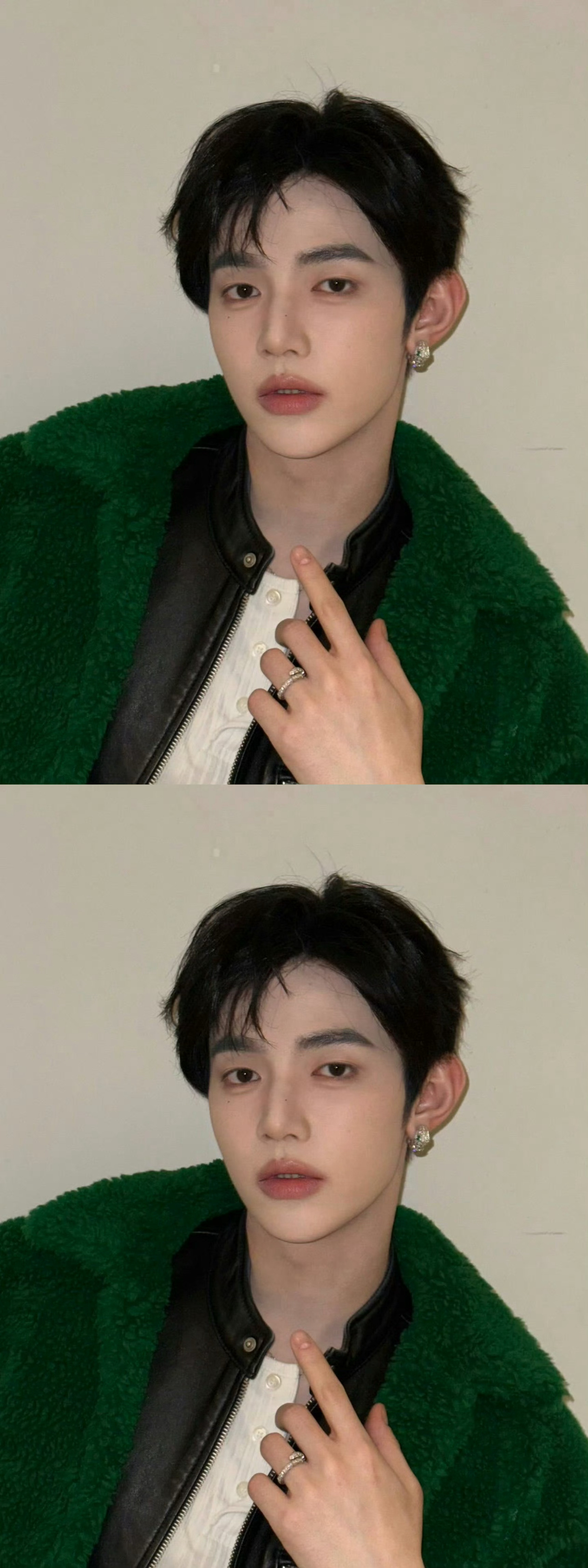 章昊新鲜营业look，黑色皮衣外套绿色外套搭配宝格丽手饰，好贵气啊