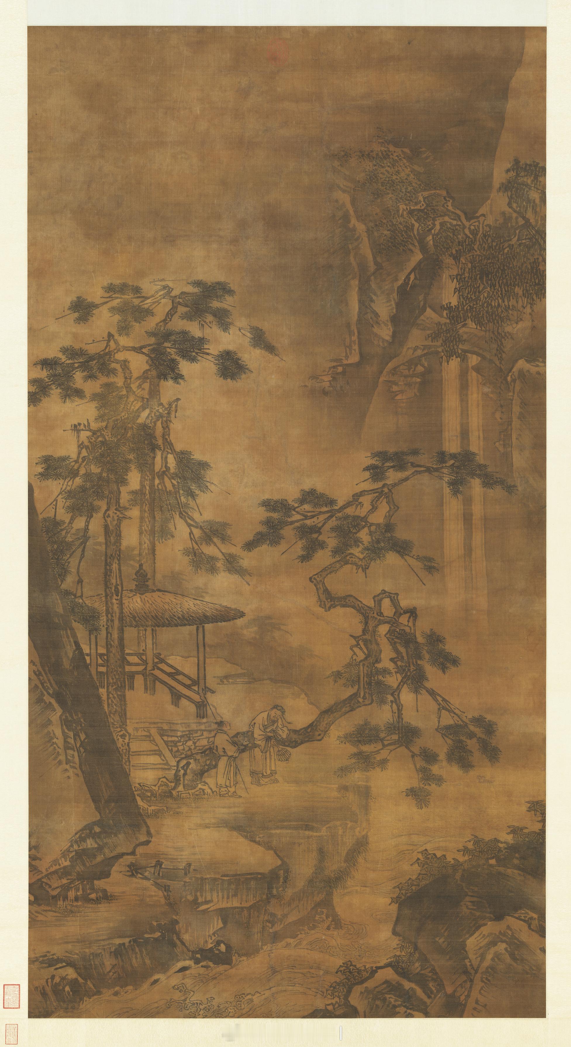 明 戴进抚松观瀑　轴云雾山间弥漫，古松参差挺峙，一文士手执羽扇，抚而观泉，童仆随