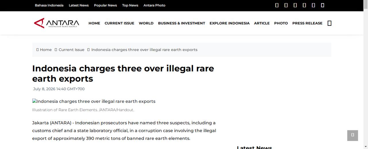 印尼对三名非法出口稀土者提起诉讼

雅加达（安塔拉通讯社）——印度尼西亚检察官已
