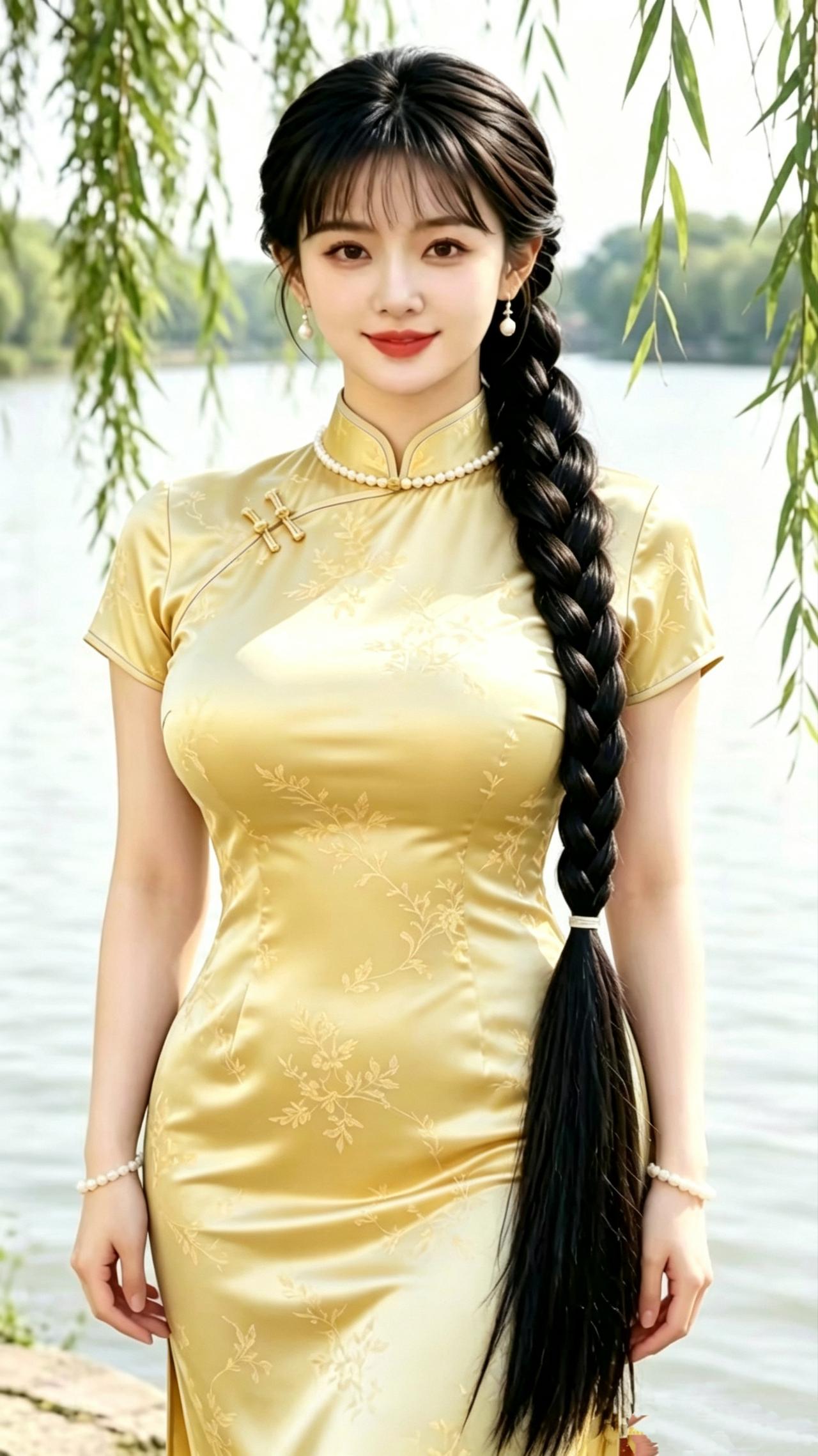 《湖畔旗袍赋》
 
垂柳轻垂一帘青绿，
晚风漫过平静的湖溪。
一袭鎏金暗花的旗袍