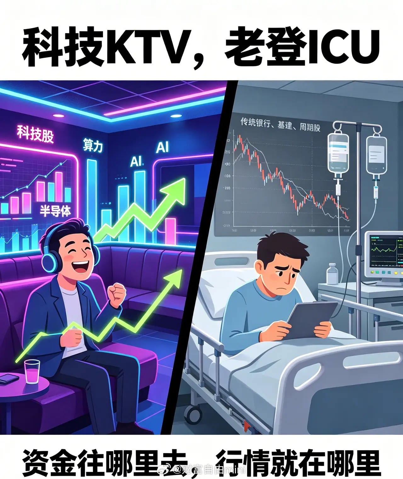 当下A股最真实的写照：科技KTV，老登ICU现在的A股，行情撕裂得离谱。科技股全